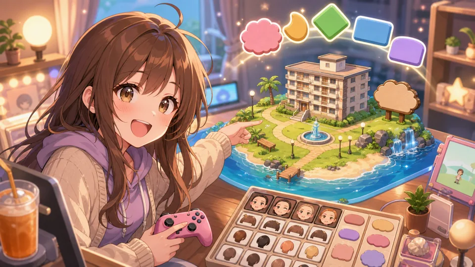 島名を決めながら小さな島の模型を指さすオリジナル女性キャラクターのイメージ