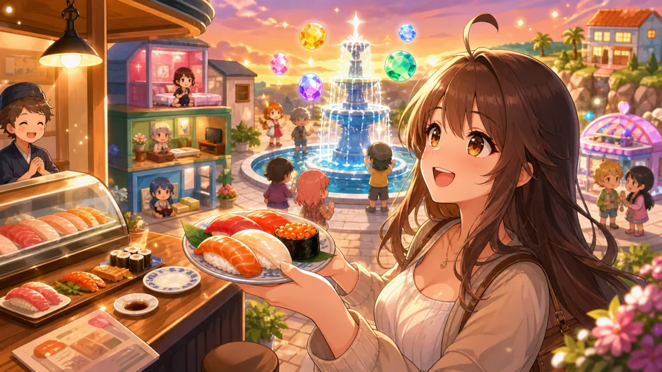 寿司と噴水で島生活が始まるオリジナル女性キャラクターのイメージ