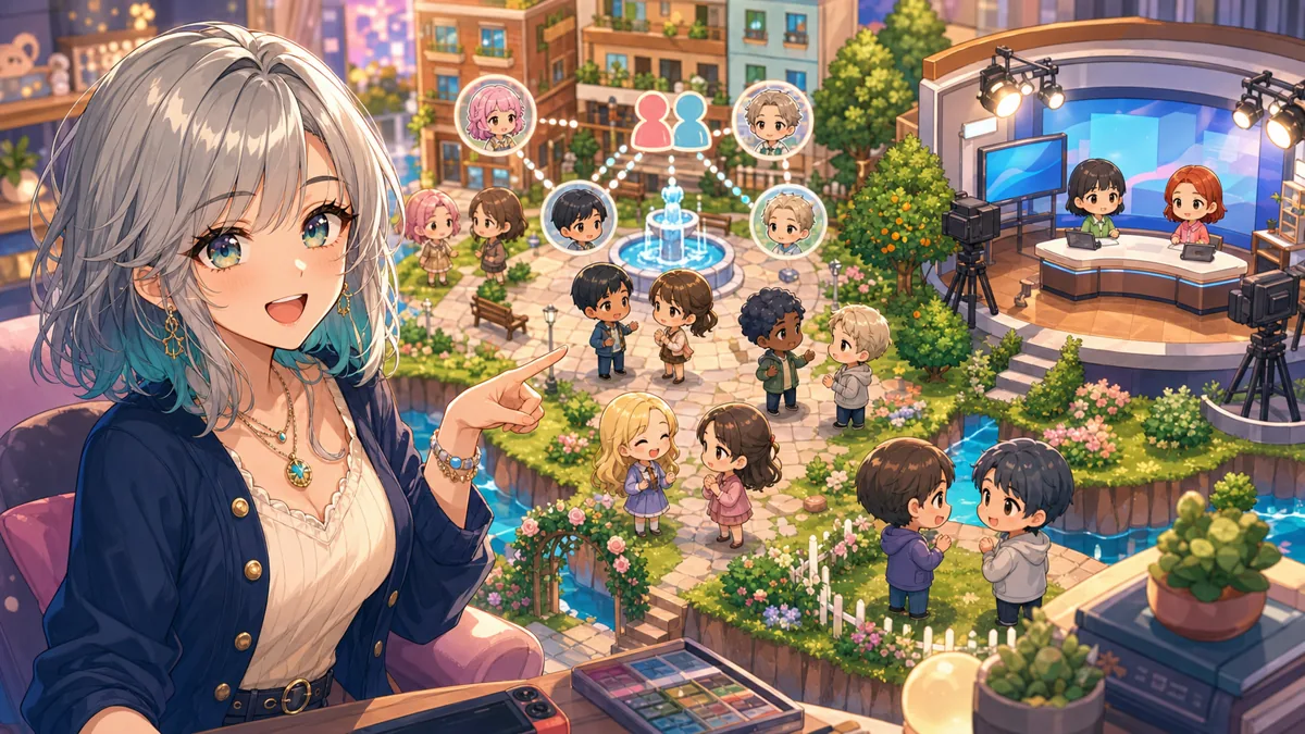 住人同士の会話とニュース放送局を見守るオリジナル配信者のイラスト