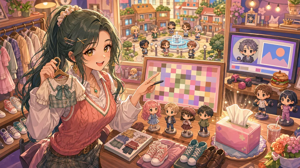 服選びとモザイククイズを楽しむ明るいゲーム配信のイラスト