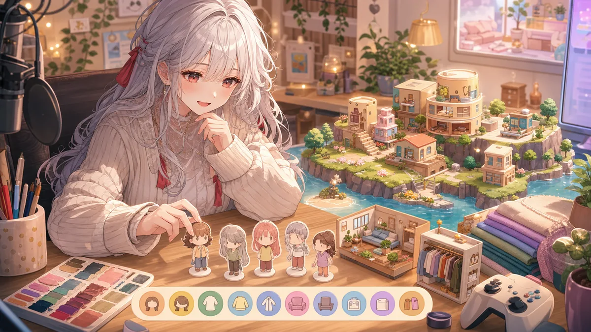Mii作りの上達と島の広がりを整理する配信デスクのイラスト
