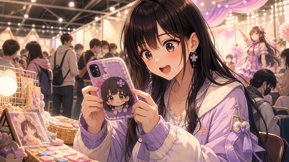 手作り小物を差し出す来場者と笑顔で応じる人物を描いたイメージ