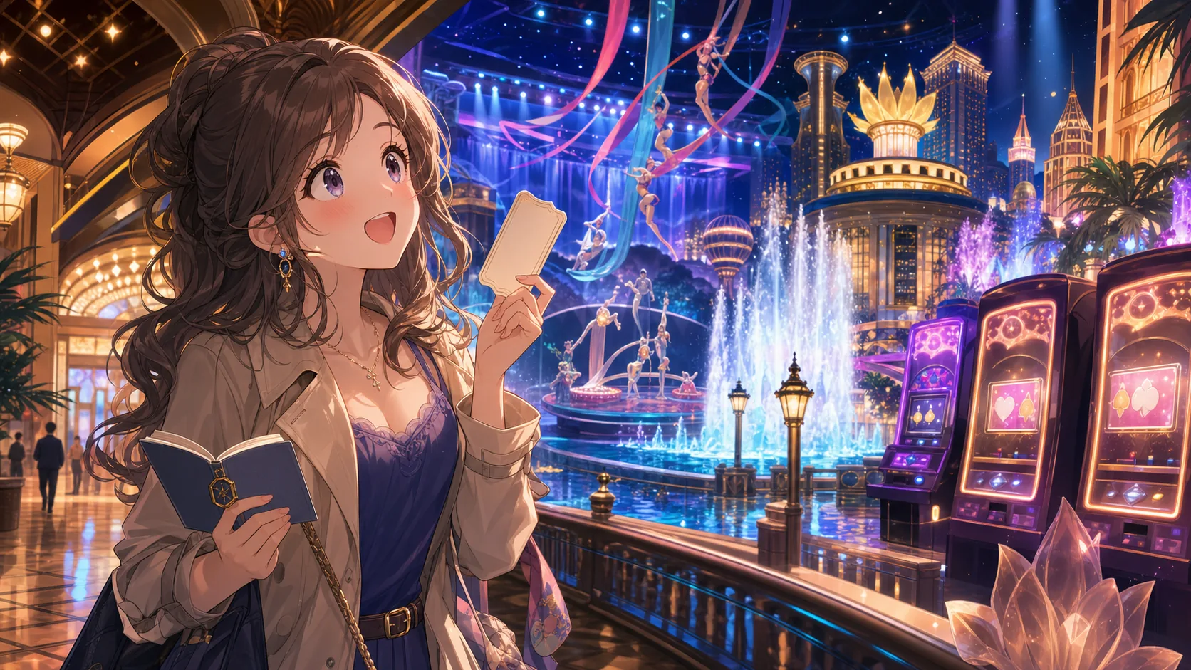 水上ステージとホテルの光を見上げる旅行中のオリジナルキャラクターのイメージ