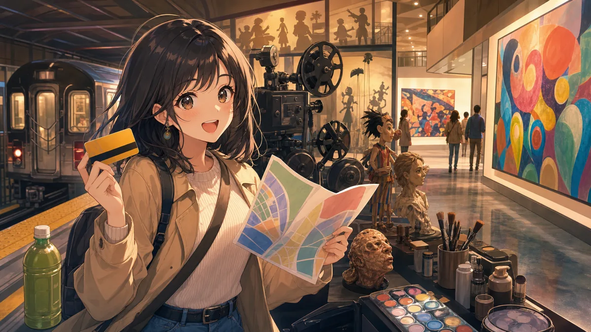 地下鉄と映像博物館と現代美術館を歩くオリジナル女性キャラクターのイメージ