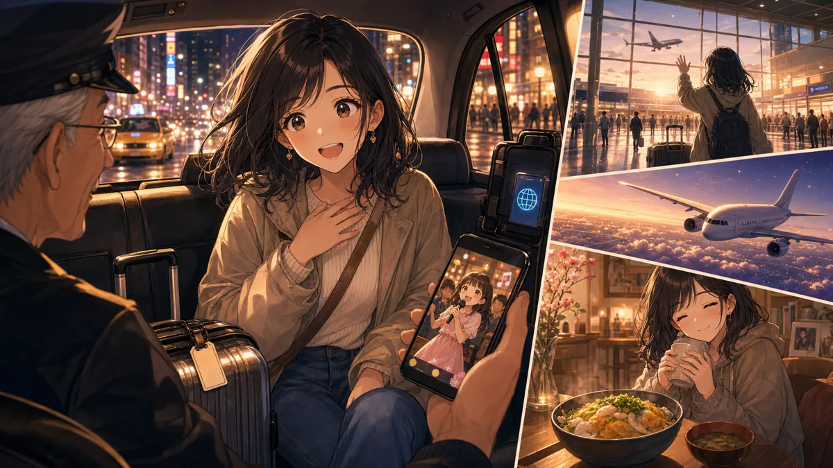 帰国日のタクシーで運転手の家族動画に反応するオリジナル女性キャラクターのイメージ