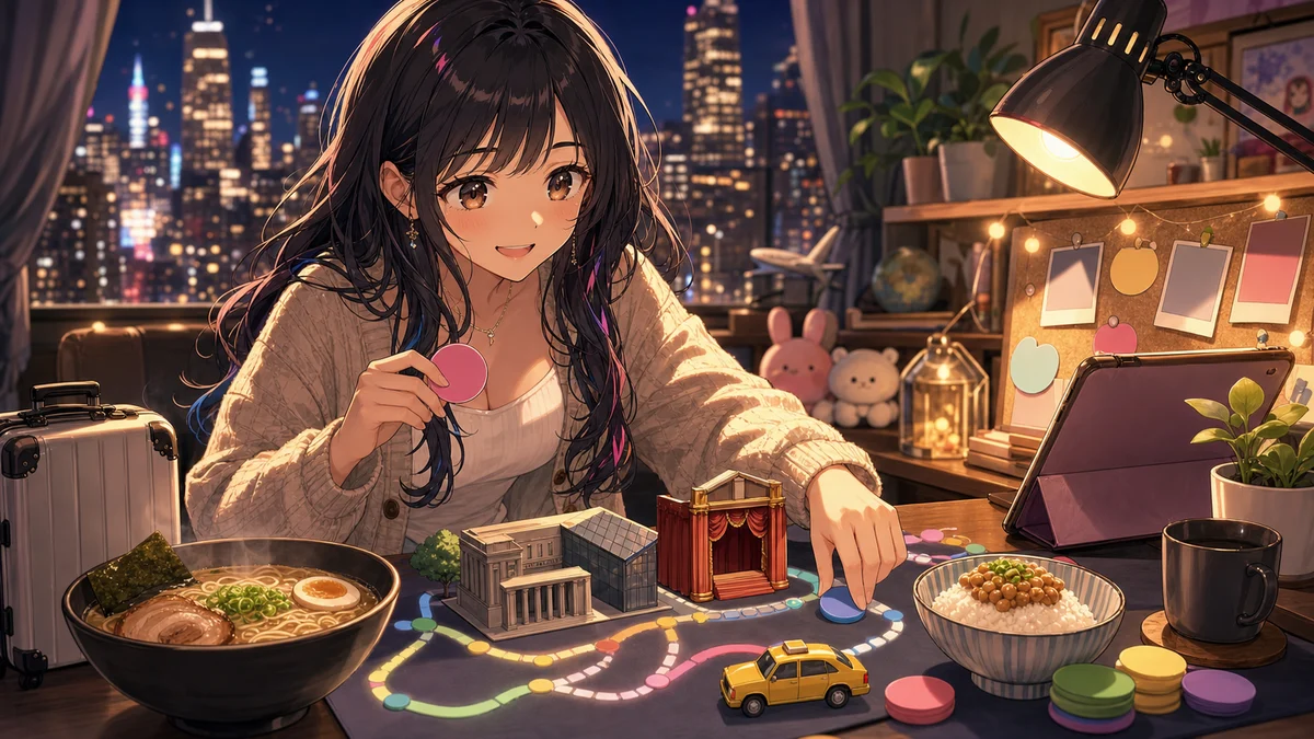 ニューヨーク旅行の場面メモと公式リンクを配信机で整理するオリジナル女性キャラクターのイメージ
