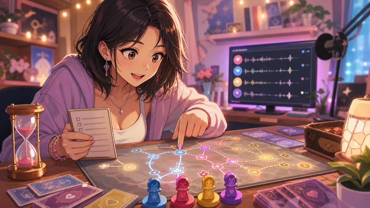 4チームのルール確認とカードゲーム大会の助走を示すオリジナル女性キャラクターのイメージ