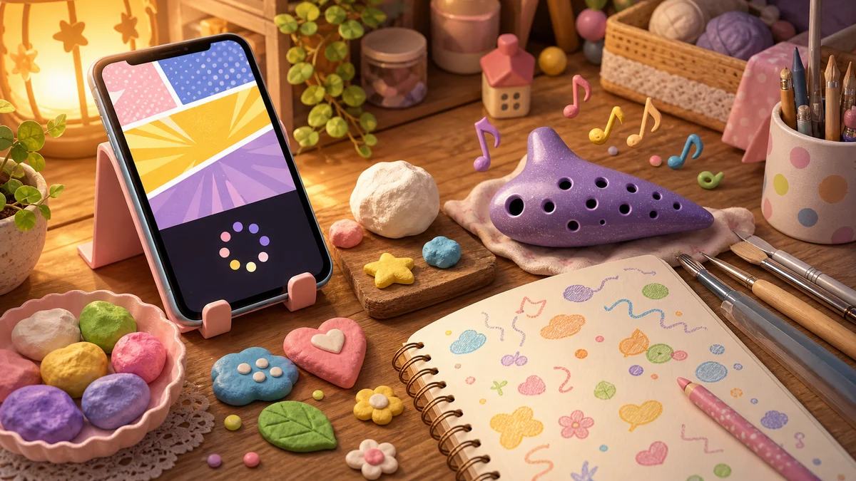 スマートフォンと紙粘土と小さな楽器を机に置いた広告待ち時間のイメージ