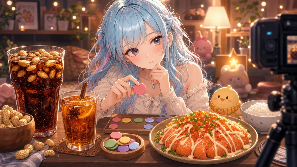 ピーナッツ入りの飲み物とサーモン皿の間で採点用の札を見比べるオリジナルキャラクターのイメージ