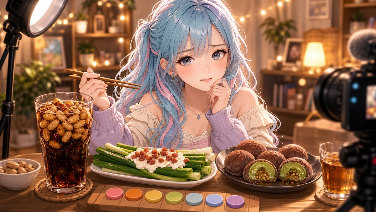 ピーナッツ入りの飲み物とネギチーズ皿を前に迷いながら箸を持つオリジナルキャラクターのイメージ
