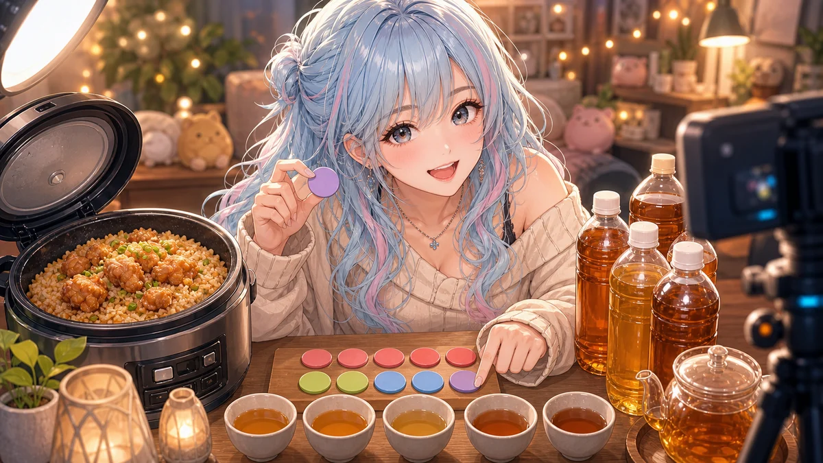炊き込みご飯の小鍋と複数のお茶を前に採点用の丸い札を置くオリジナルキャラクターのイメージ