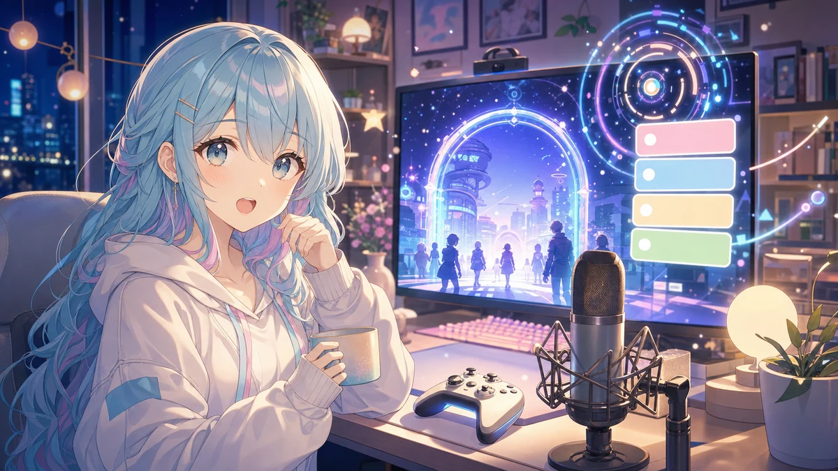 夜のバーチャル広場へ向かう前に配信机でカウントダウン時計を見つめる女性キャラクターのイメージ