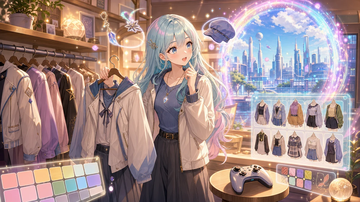 明るいアバター作成ルームで衣装ラックと色見本を前に迷う女性キャラクターのイメージ