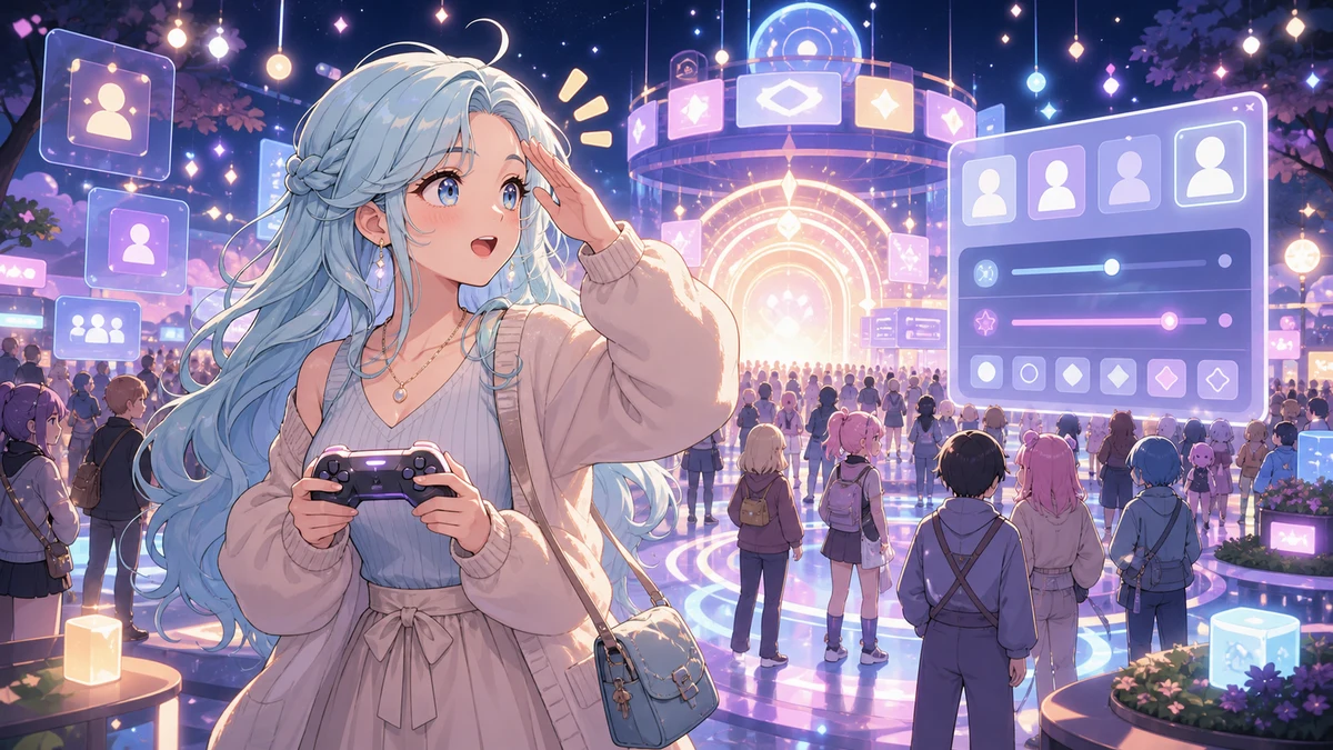 混雑したバーチャル広場で光るアバターたちを探す女性キャラクターと抽象的な表示設定パネルのイメージ