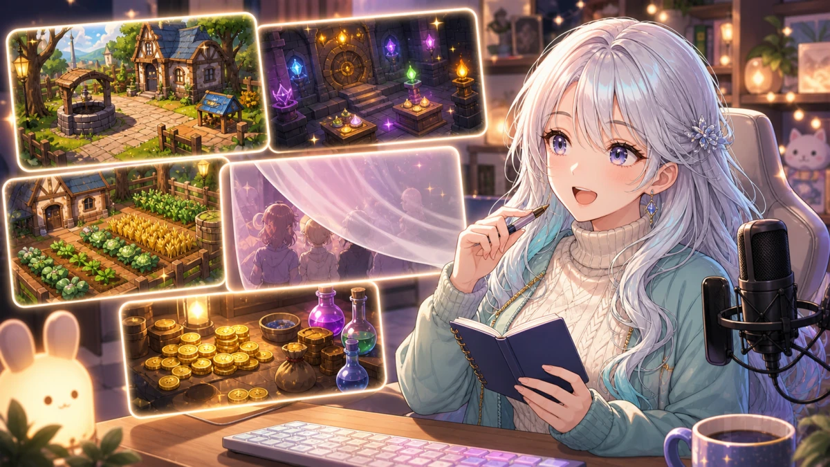 複数の動画画面を見ながら村の出来事を振り返る女性キャラクターのイメージ