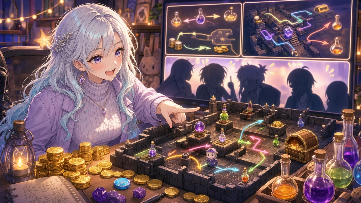 小さなダンジョン模型と錬金アイテムを見ながら作戦を考える女性キャラクターのイメージ