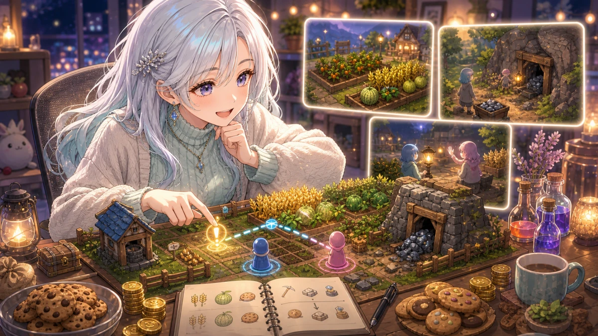 畑の模型と合図ランプ、鉱石、クッキーを見ながら笑う女性キャラクターのイメージ