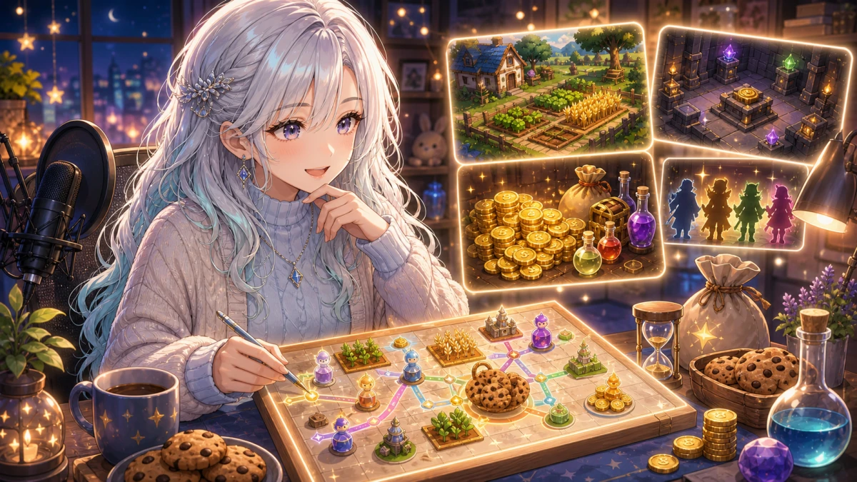 作戦ボードとクッキー、畑、コインを見ながら配信を整理する女性キャラクターのイメージ