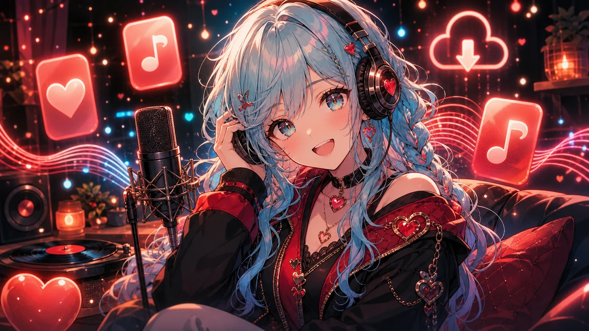 音楽配信サービスのアイコン風小物とハートのメモを並べるかわいいオリジナルキャラクターのイメージ