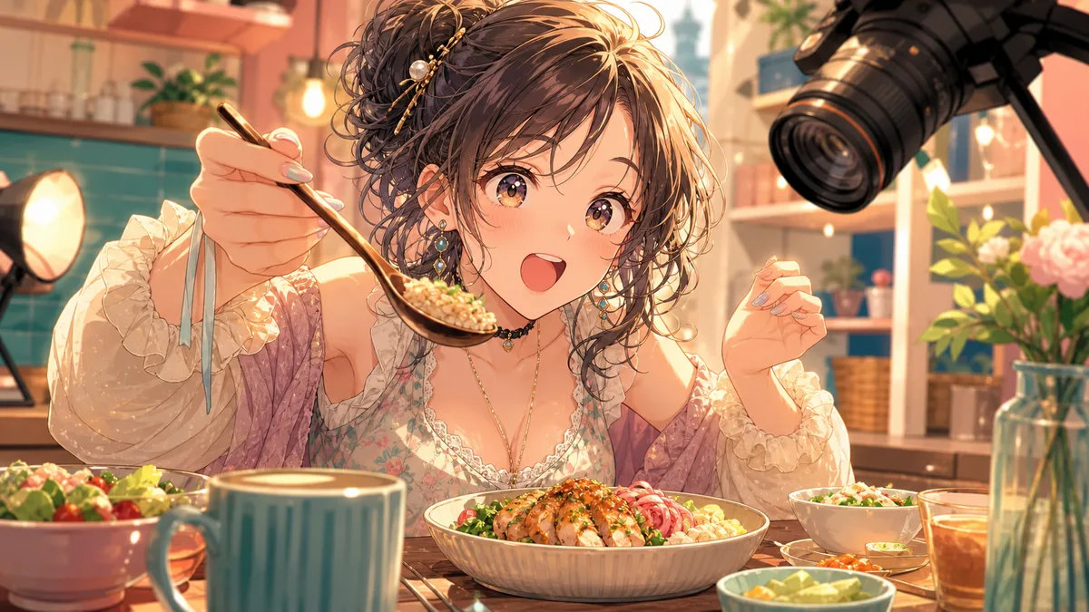 明るい撮影キッチンでチキン料理を差し出すオリジナルキャラクターのイメージ