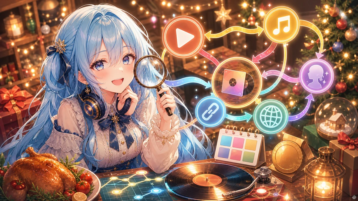 クリスマスの机で虫眼鏡と音楽アイコンの導線を確認するオリジナルキャラクターのイメージ