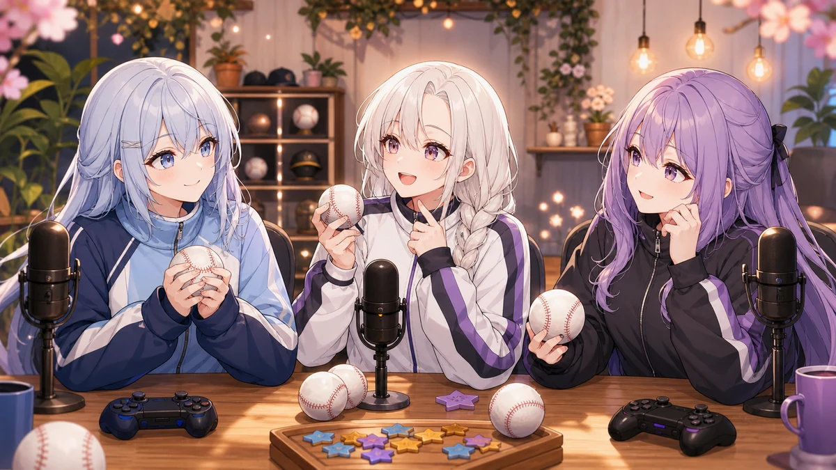 明るい配信部屋で三人分の作戦ノートと野球ボールを並べる人物たち