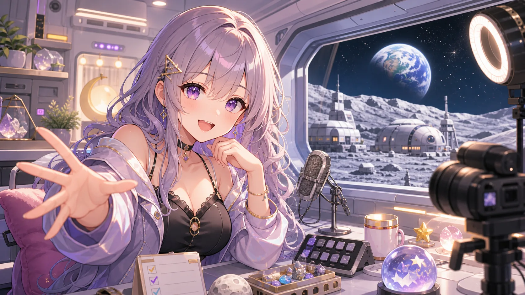 月面シェルターの配信机で地球と月を背景に企画を始めるオリジナル女性キャラクターのイメージ