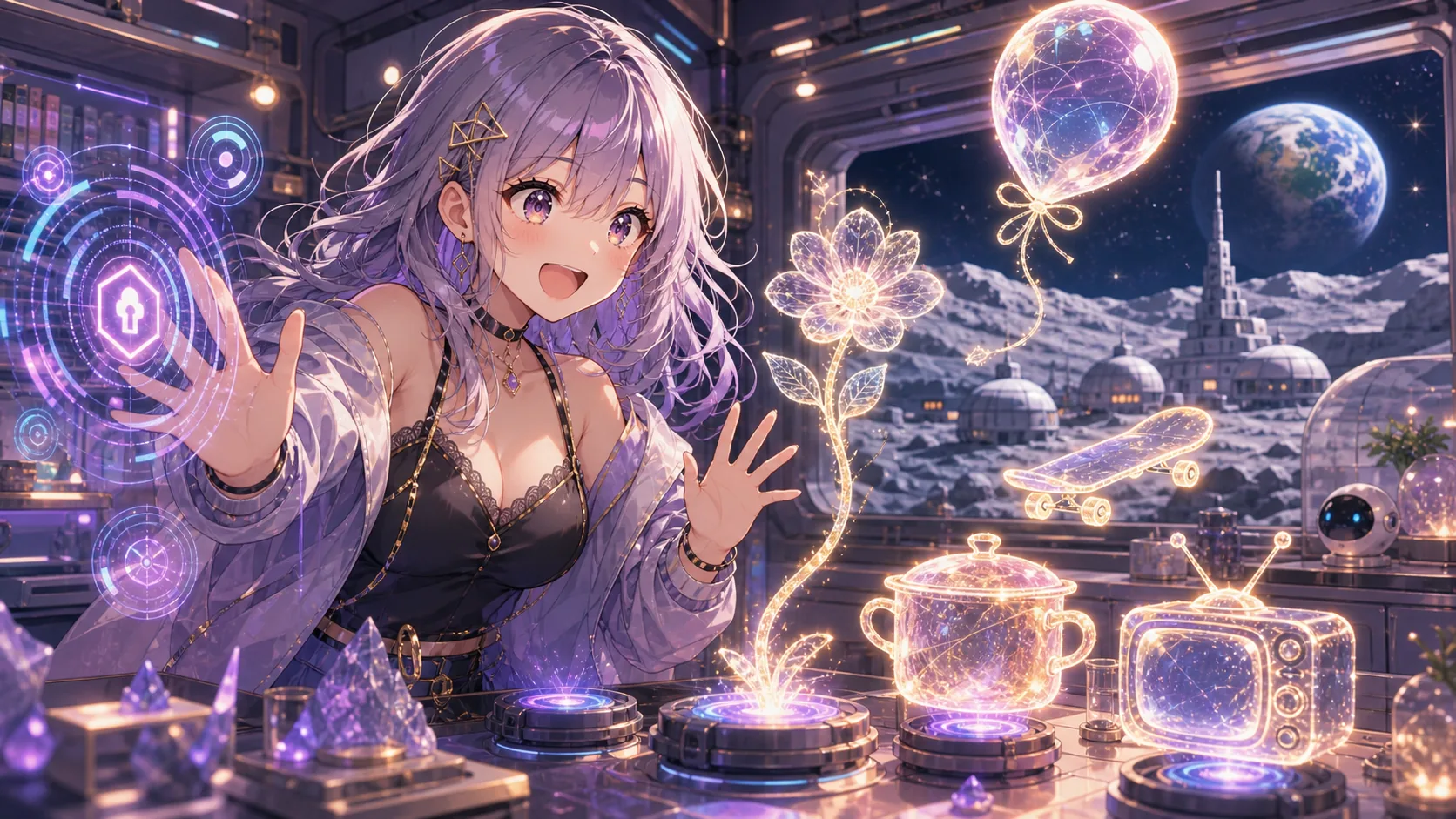 ハッキング用の光るパネルとルナフィラメントの小物を前に驚くオリジナル女性キャラクターのイメージ