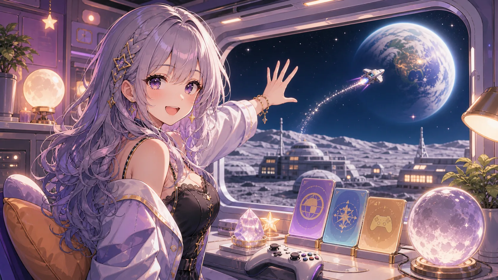 地球へ向かう光の道と小さな宇宙船を見送りながらゲーム情報を整理するオリジナル女性キャラクターのイメージ