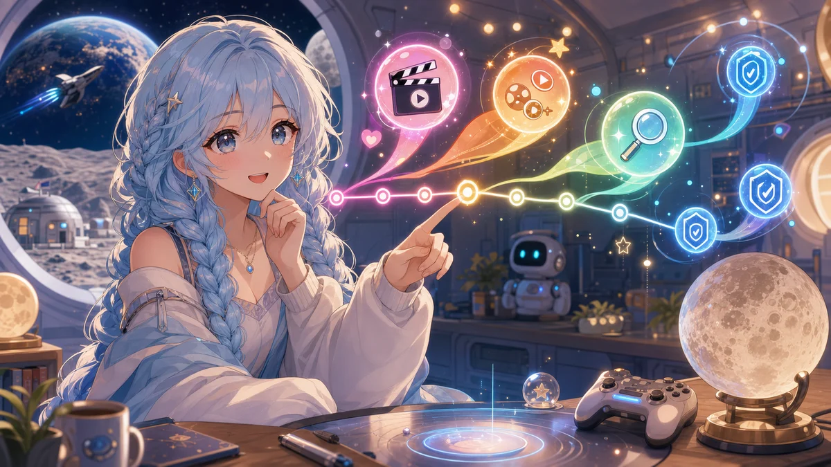 月面シェルターの机で抽象的なタイムラインと公式リンクの印を指すオリジナル女性キャラクターのイメージ
