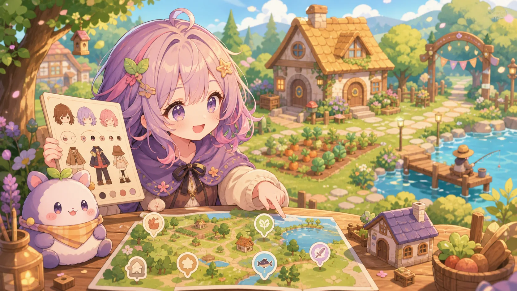 村の入口でキャラメイクと畑を見比べるかわいいオリジナルキャラクターのイメージ
