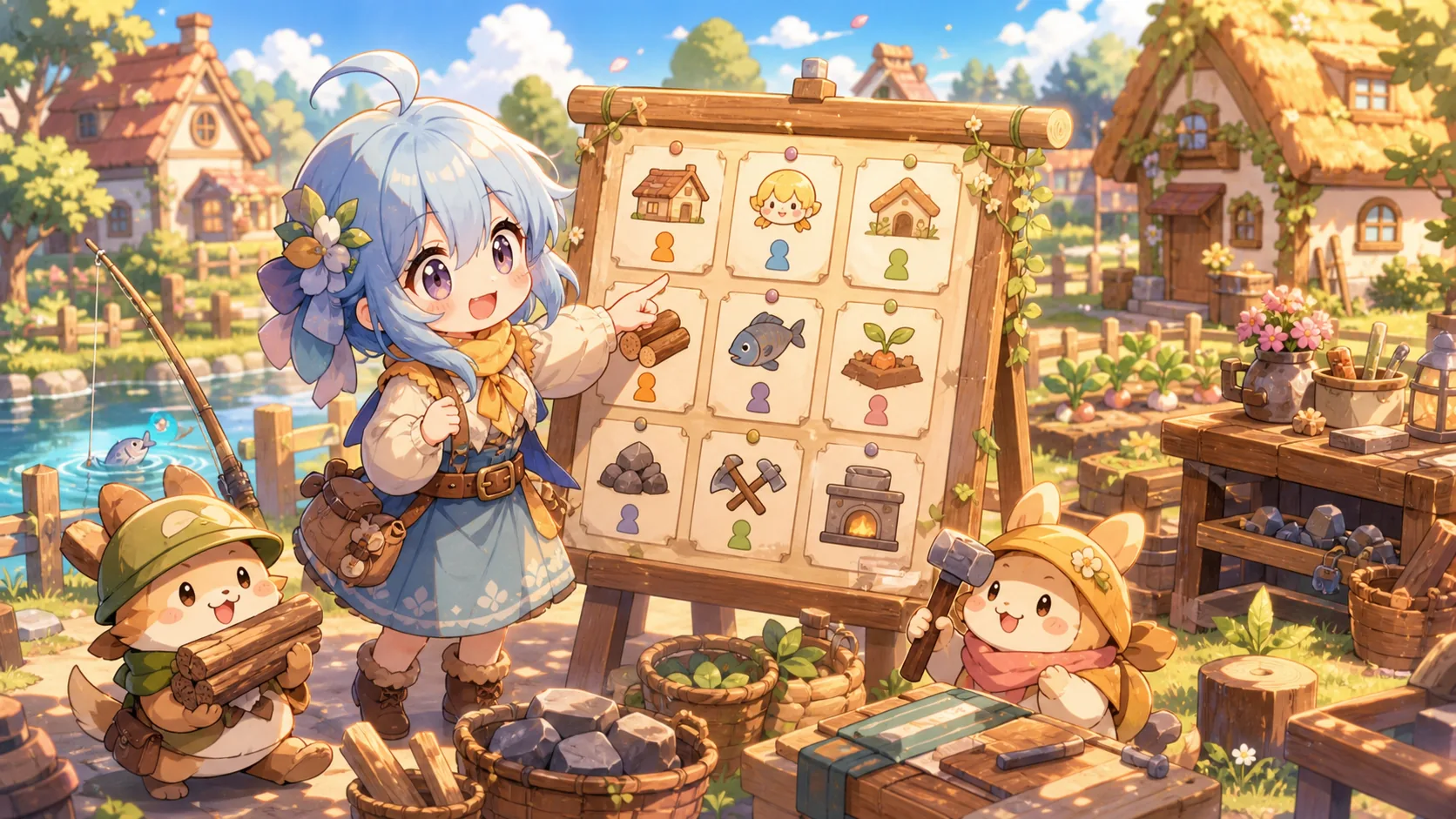小さな家と作業台の前で住民の役割分担を考えるオリジナルキャラクターのイメージ