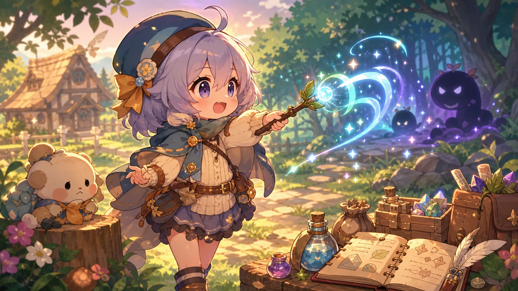 明るい森の外れで魔法の杖と素材メモを持つかわいいオリジナルキャラクターのイメージ