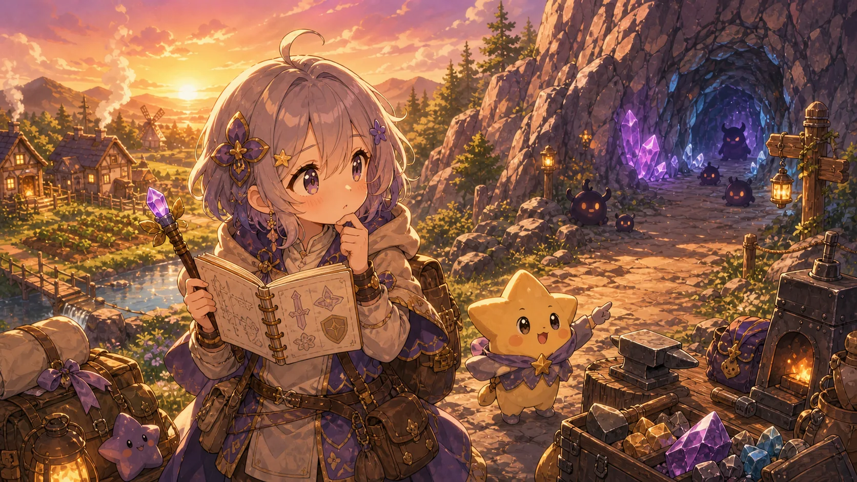夕暮れの岩山入口で装備メモを見ながら引き返すかわいいオリジナルキャラクターのイメージ