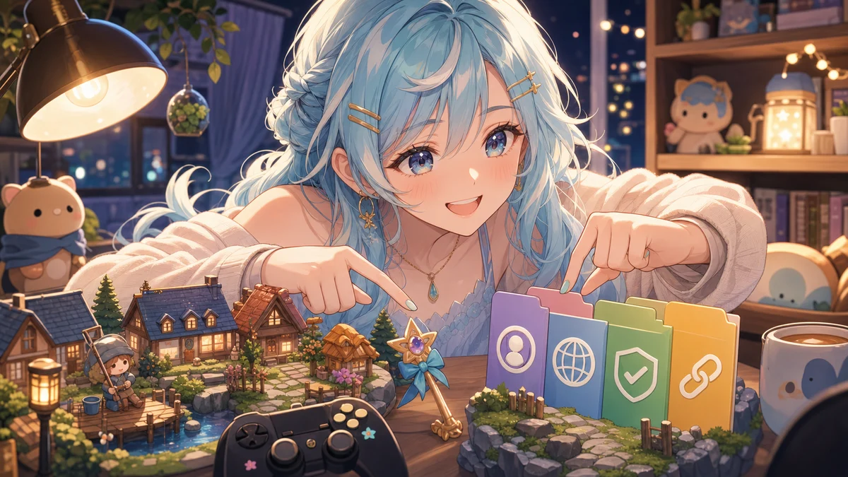 生活ゲームの記事メモと公式リンクを見比べるオリジナルキャラクターのイメージ