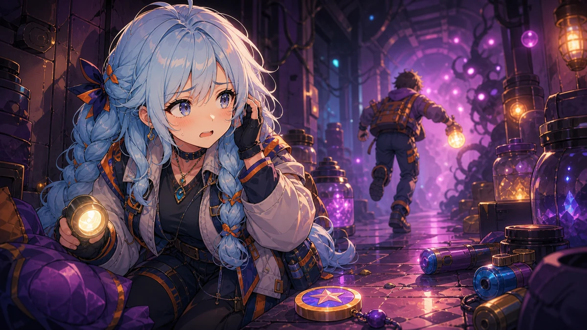 かわいい探索服の女性キャラクターが暗すぎない廃墟で小さなライトと道具を持って身構えるイメージ