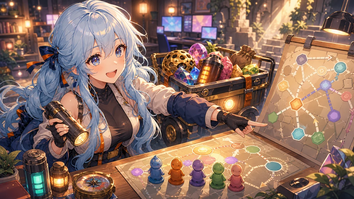 明るい配信分析スペースでカートや探索道具とルート図を指し示す青髪の女性キャラクターのイメージ