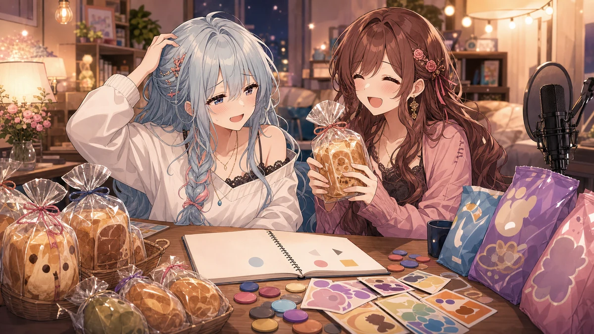配信後の部屋で余ったパンと作戦ノートを前に笑うオリジナル女性キャラクターたちのイメージ