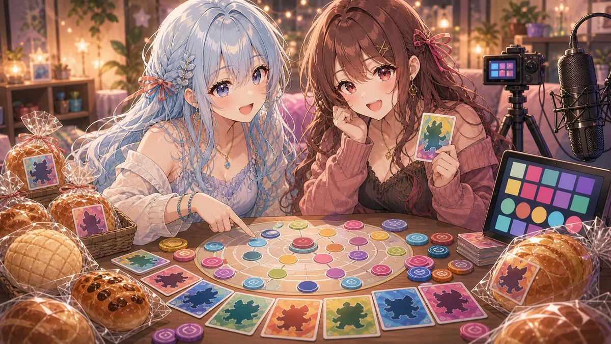 配信部屋の机にパンとカードを並べ、丸い駒の盤面を指差すオリジナル女性キャラクターたちのイメージ