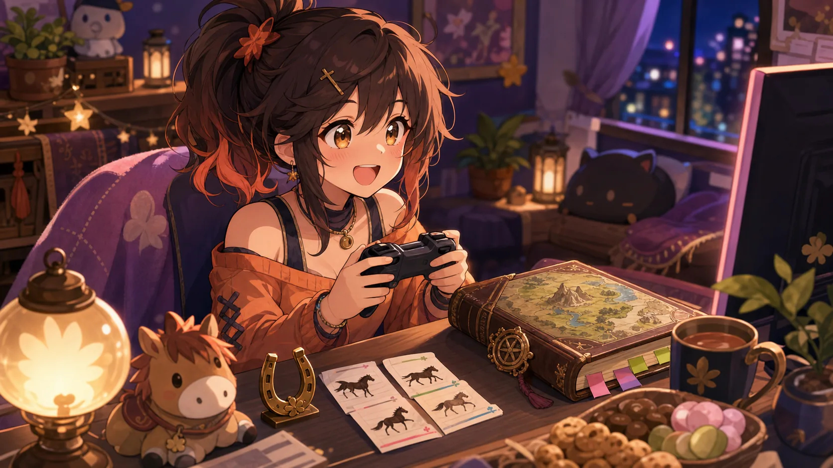 明るい配信机で雑談メモとRPGノートを見比べるオリジナルキャラクターのイメージ
