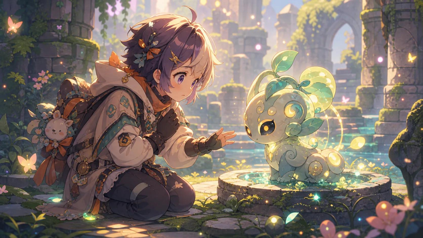 幻想的な遺跡でやさしい光に包まれた小さな守護獣と向き合うオリジナルキャラクターのイメージ