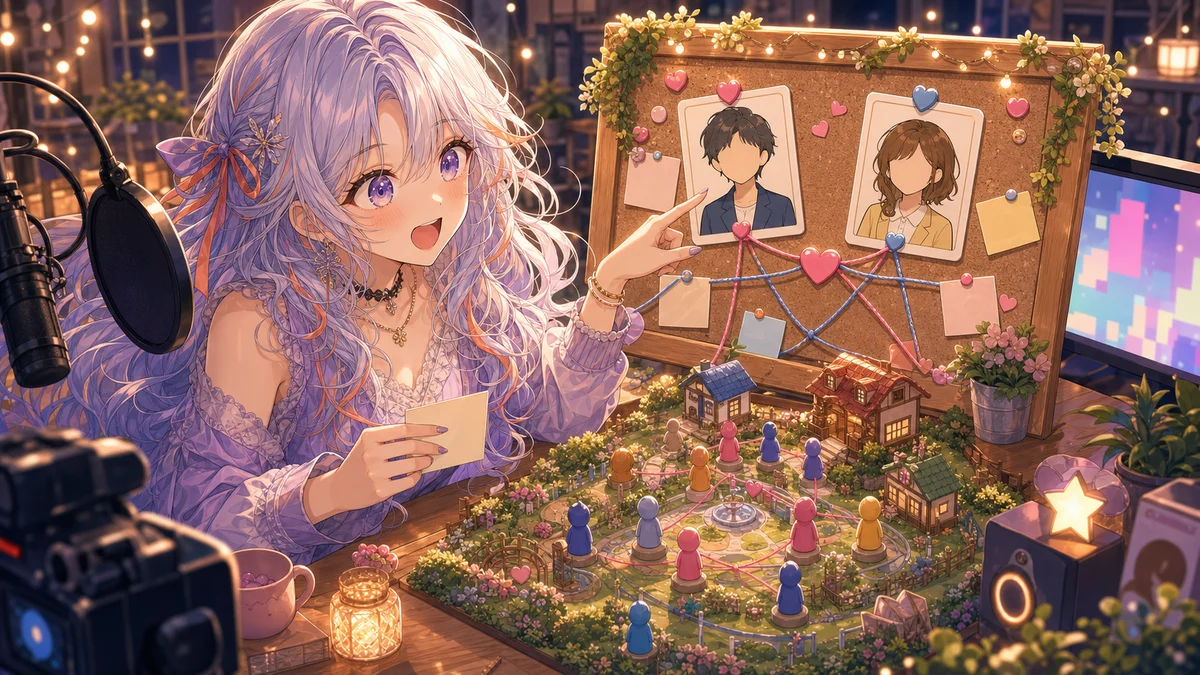 ハート形のメモと二人分の住民カードを前に驚くオリジナル女性キャラクターのイメージ
