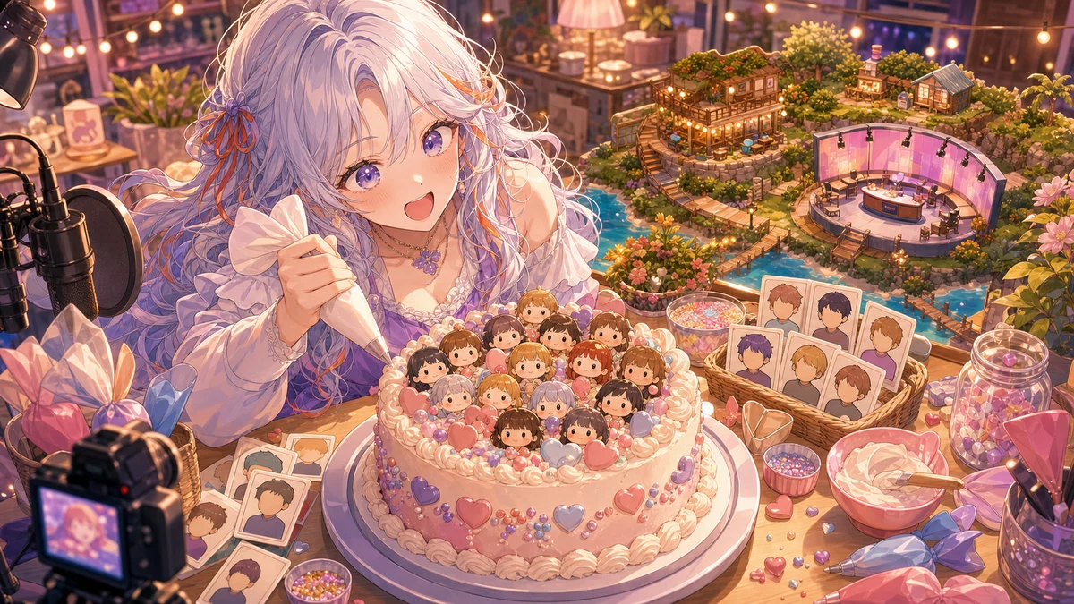 大きなデコレーションケーキと住民メモを囲んで笑うオリジナル女性キャラクターのイメージ