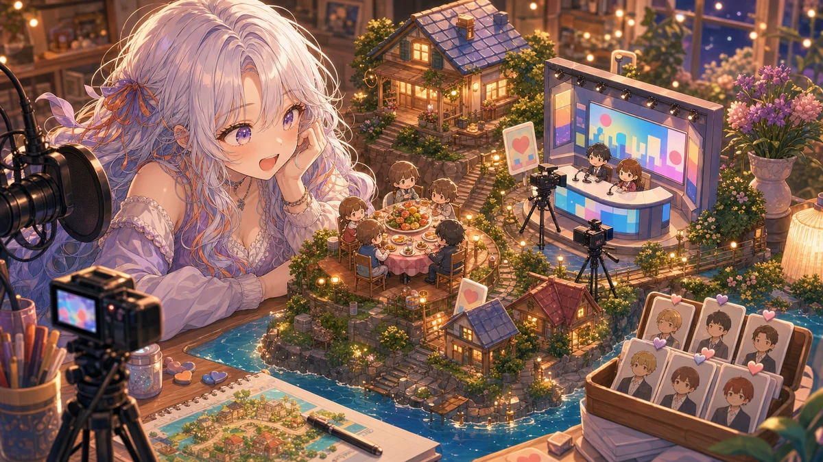 ニューススタジオ風の配信部屋とレストランの小物を並べるオリジナル女性キャラクターのイメージ