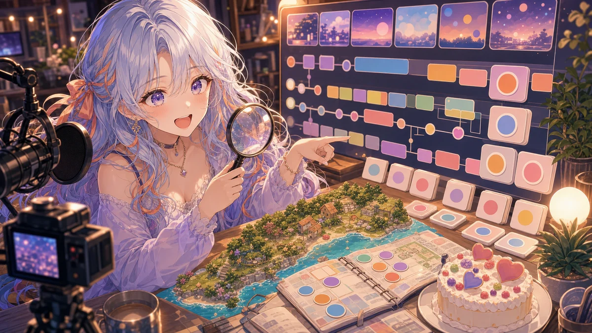 抽象的な動画タイムラインと島のメモを照らし合わせるオリジナル女性キャラクターのイメージ