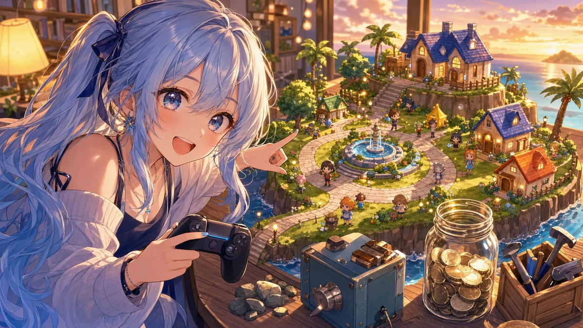 夕方のミニチュア島でニュースカードと噴水を眺めるオリジナルキャラクターのイメージ