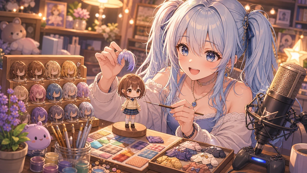 配信机で髪型カードと顔パーツを見比べながらキャラクリを進めるオリジナルキャラクターのイメージ
