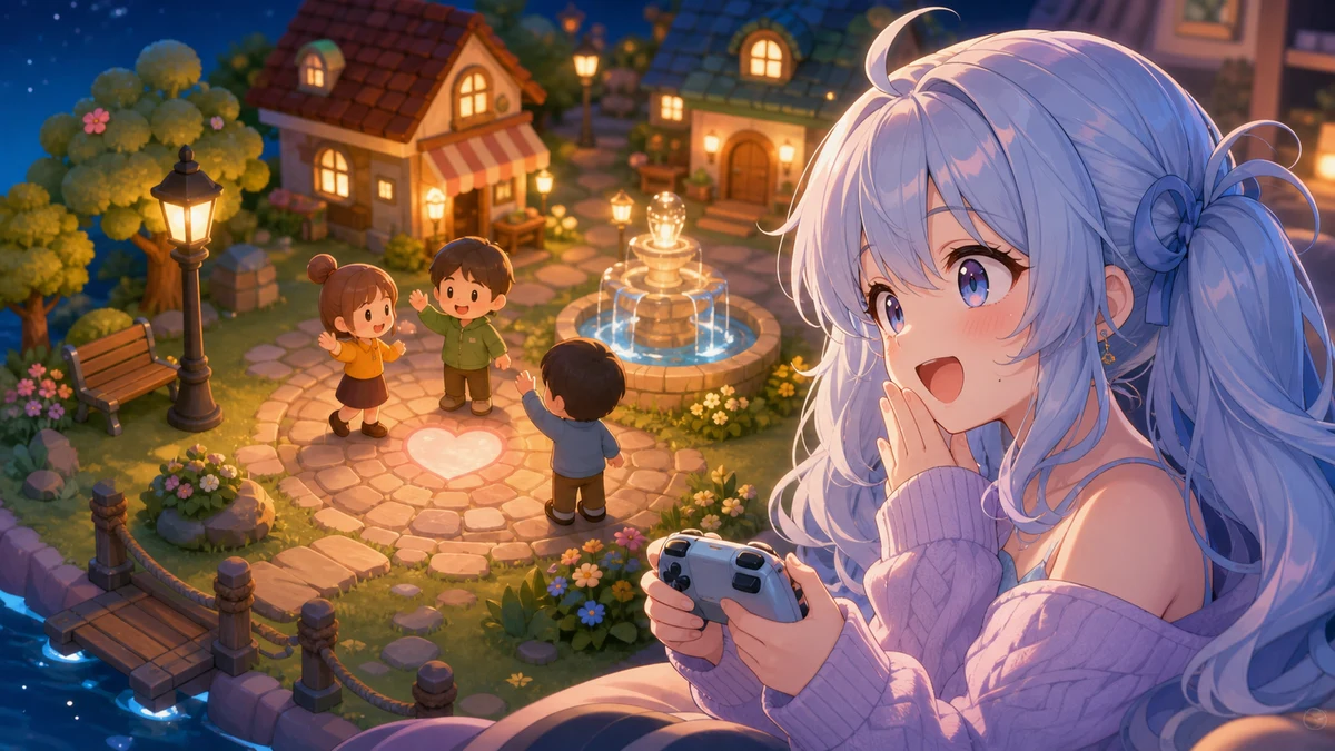 夜の島の広場で住民カードが出会い、驚きながら見守るオリジナルキャラクターのイメージ