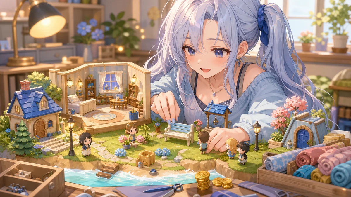 小さな島の模型にベンチと部屋を配置するオリジナルキャラクターのイメージ