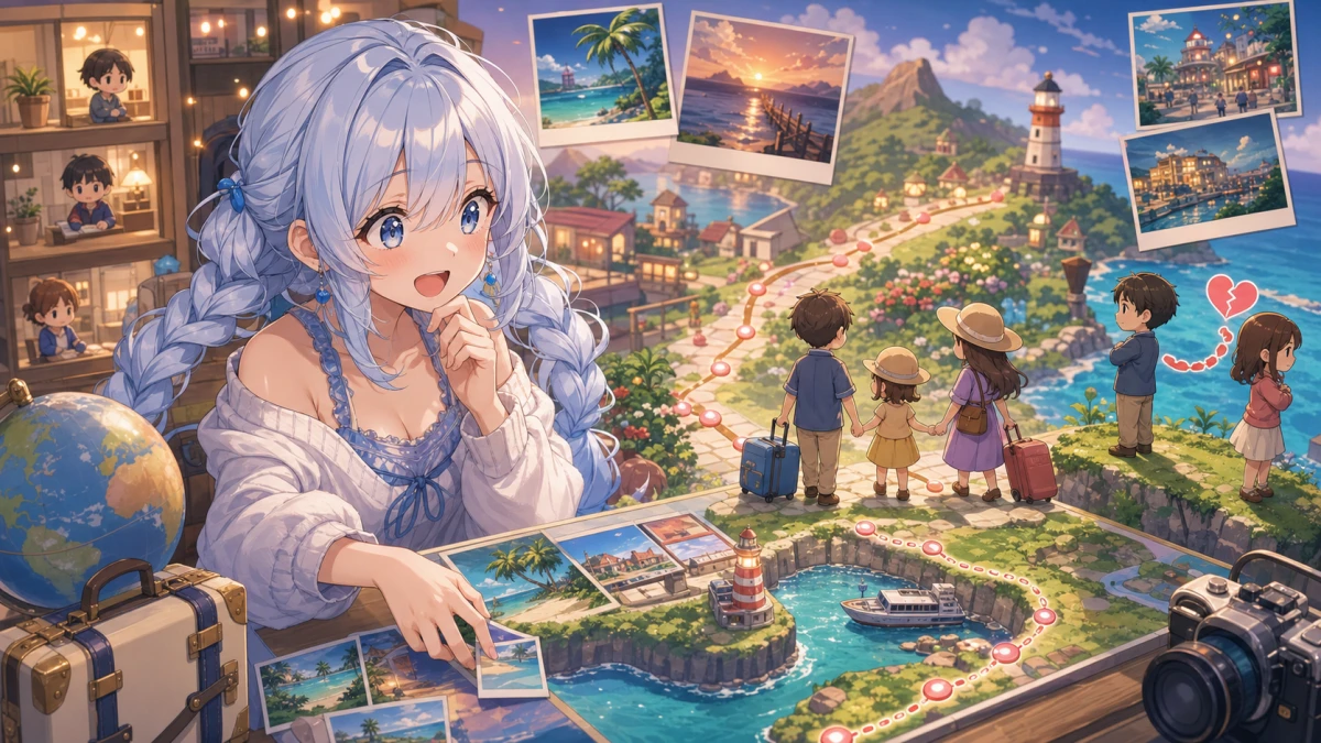 旅行ツアーで住民たちの写真が増えていくイメージ